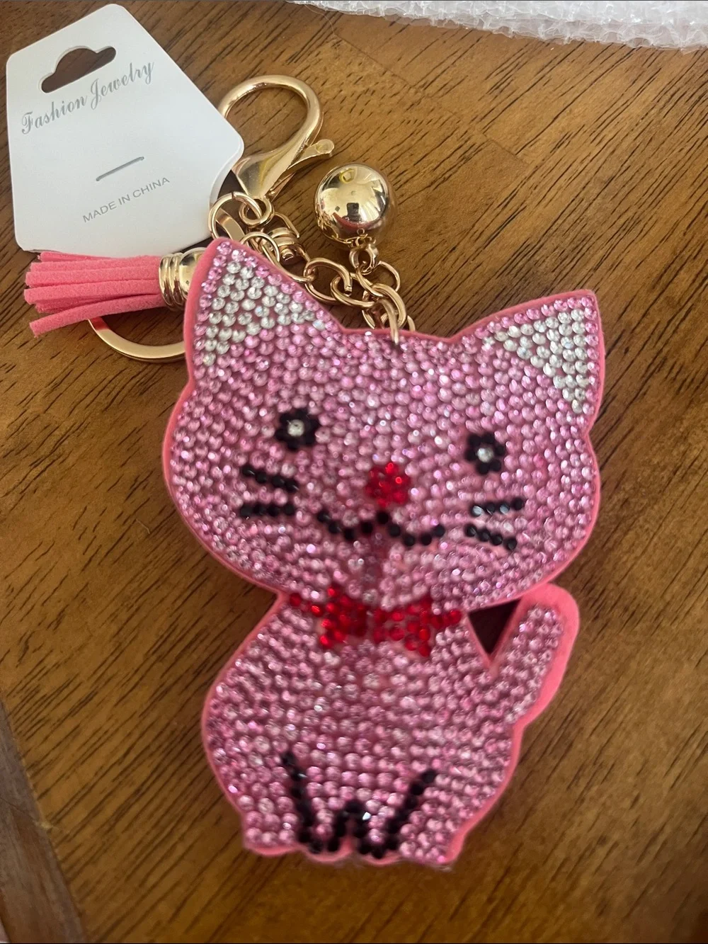 Pink Crystal Cat Keychain with Tassel